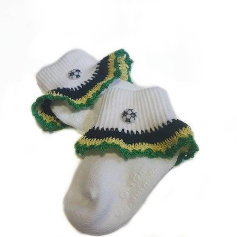 Handmade Crocheted Jamaica Soccer Ball Baby Socks- Size 6-18 Months